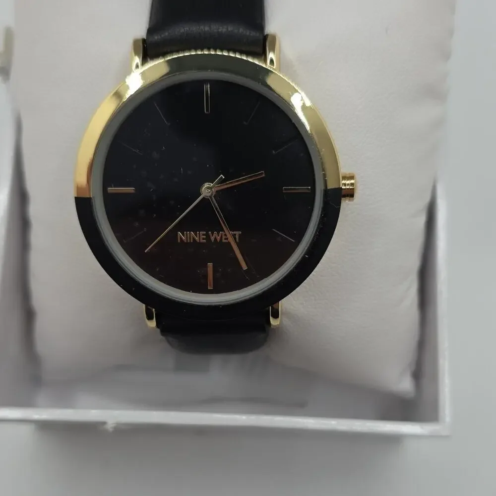 Nine West Women’s Quartz Watch Black Dial Gold-Tone Case Leather Strap Box
